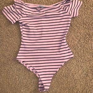 Off the shoulder pink/black stripped body suit